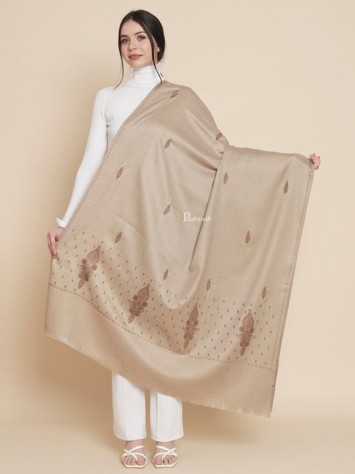 Pashtush India Womens Shawls Pashtush Womens Womens, Woollen, Ethnic Motif Bootey Embroidery, Beige