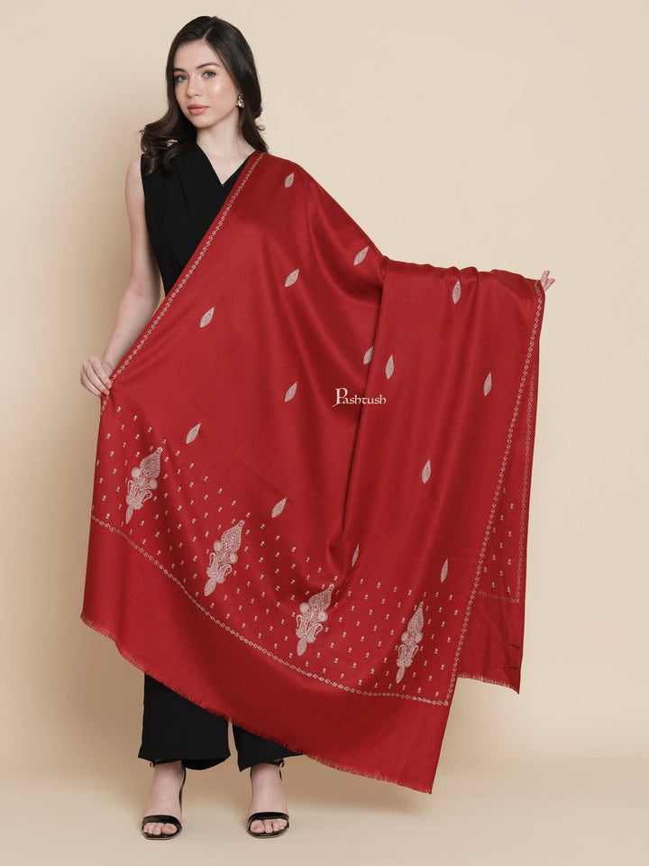 Pashtush India Womens Shawls Pashtush Womens Womens, Woollen, Ethnic Motif Tone On Tone Thick Embroidery, Maroon
