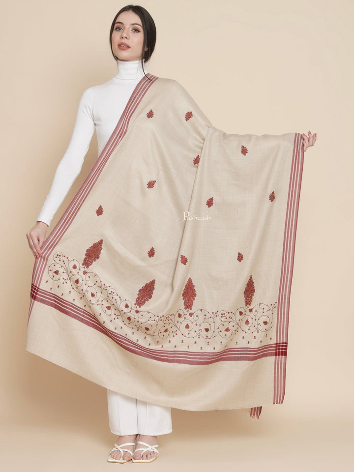 Pashtush India Womens Shawls Pashtush Womens Womens, Woollen, Paisley Large Thick And Warm, Kashmiri Embroidery Embroidery, Taupe