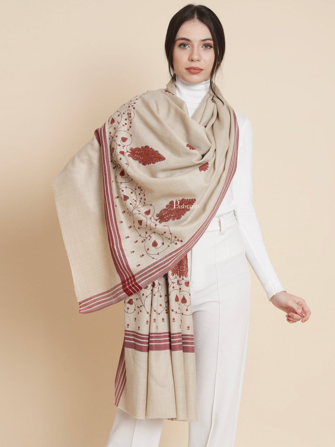 Pashtush India Womens Shawls Pashtush Womens Womens, Woollen, Paisley Large Thick And Warm, Kashmiri Embroidery Embroidery, Taupe
