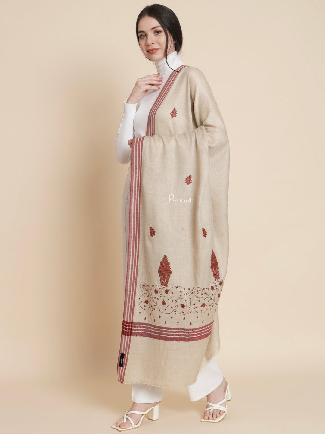 Pashtush India Womens Shawls Pashtush Womens Womens, Woollen, Paisley Large Thick And Warm, Kashmiri Embroidery Embroidery, Taupe