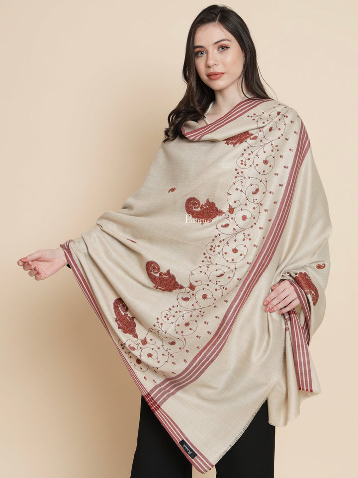 Pashtush India Womens Shawls Pashtush Womens Womens, Woollen, Paisley Large Thick And Warm, Kashmiri Embroidery Embroidery, Taupe