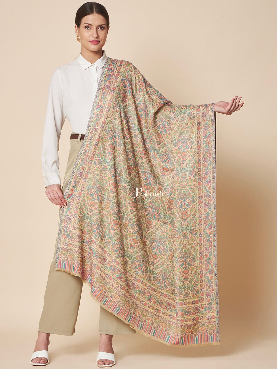 Pashtush India Womens Shawls Pashtush Womens Wool Extra Fine Count  Shawl, Ethnic  Antique Design, Yellow Green