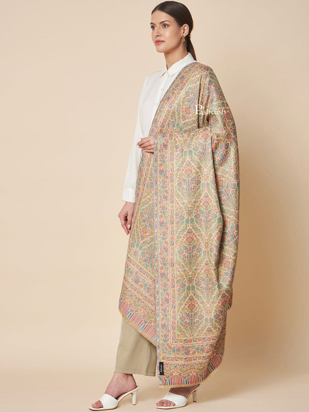 Pashtush India Womens Shawls Pashtush Womens Wool Extra Fine Count  Shawl, Ethnic  Antique Design, Yellow Green