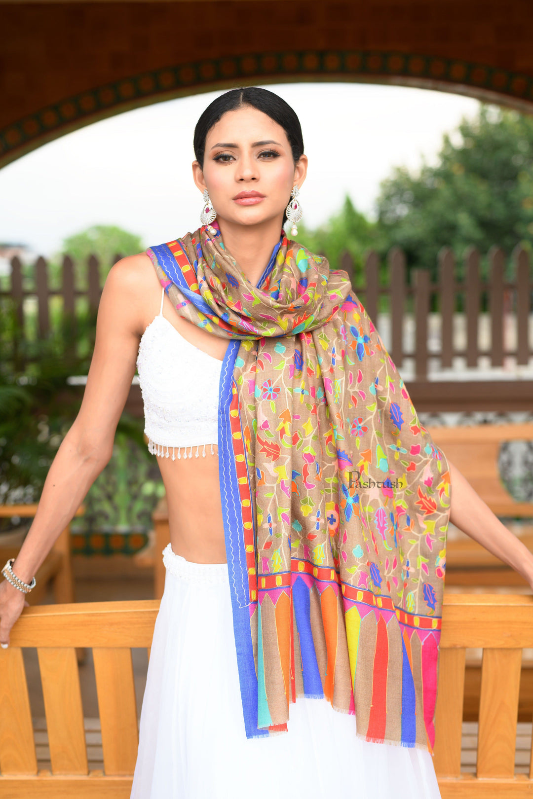 Pashtush India Womens Shawls Pashtush Womens Wool Extra Fine Count  Shawl, Extra Fine Count, Kalamkari Embroidery Design, Multicolour