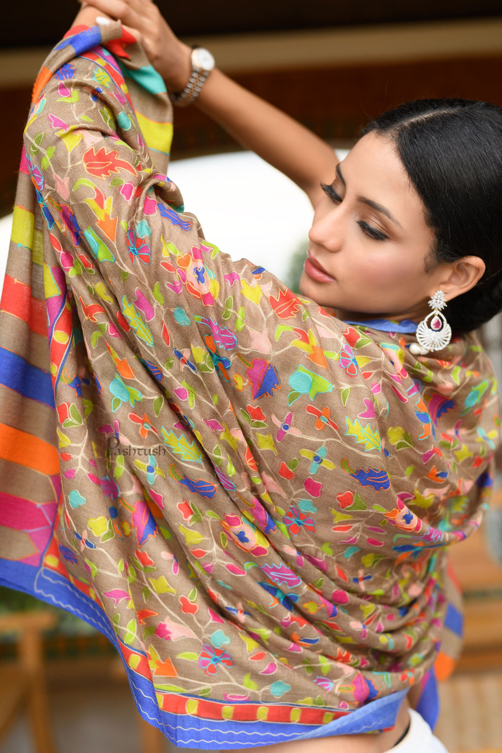 Pashtush India Womens Shawls Pashtush Womens Wool Extra Fine Count  Shawl, Extra Fine Count, Kalamkari Embroidery Design, Multicolour
