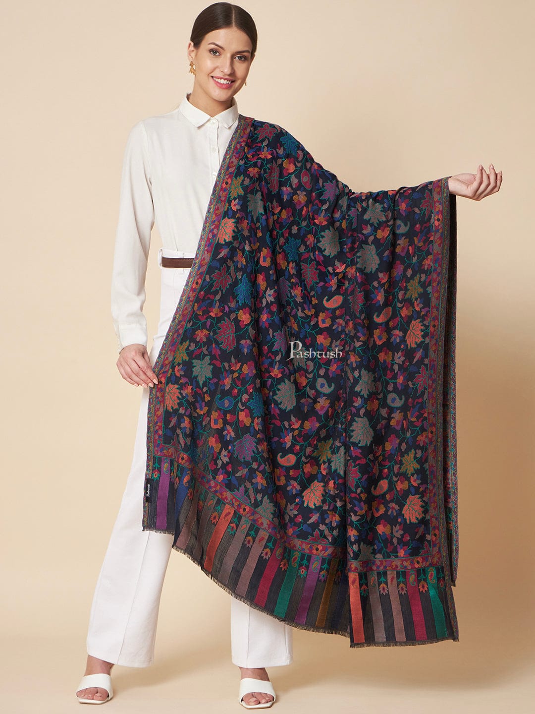 Pashtush India Womens Shawls Pashtush Womens Wool Extra Fine Count  Shawl, Woven Ehtnic  Chinaar Design, Blue