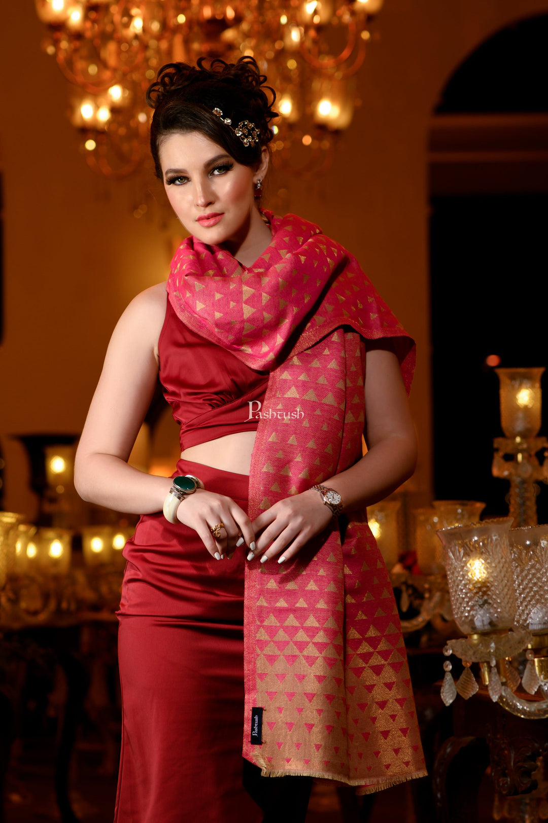 Pashtush India Womens Stoles and Scarves Scarf Pashtush Womens Wool Extra Fine Count Stole, Twilight Collection Reversible Design, Dark Pink