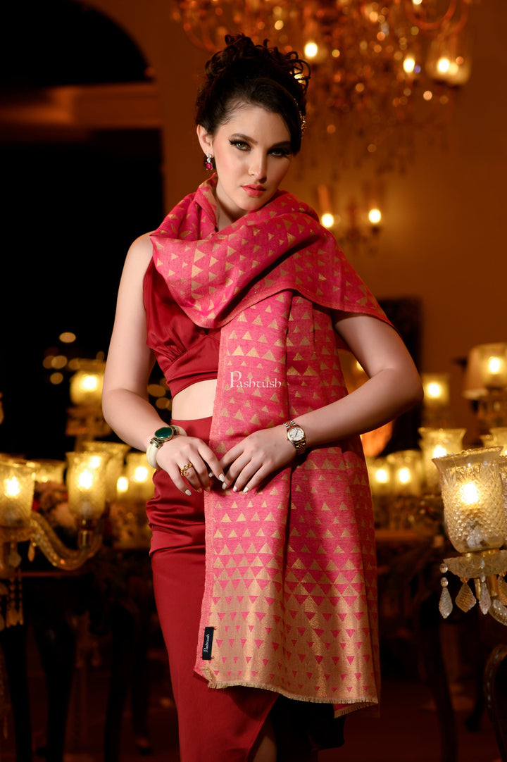 Pashtush India Womens Stoles and Scarves Scarf Pashtush Womens Wool Extra Fine Count Stole, Twilight Collection Reversible Design, Dark Pink