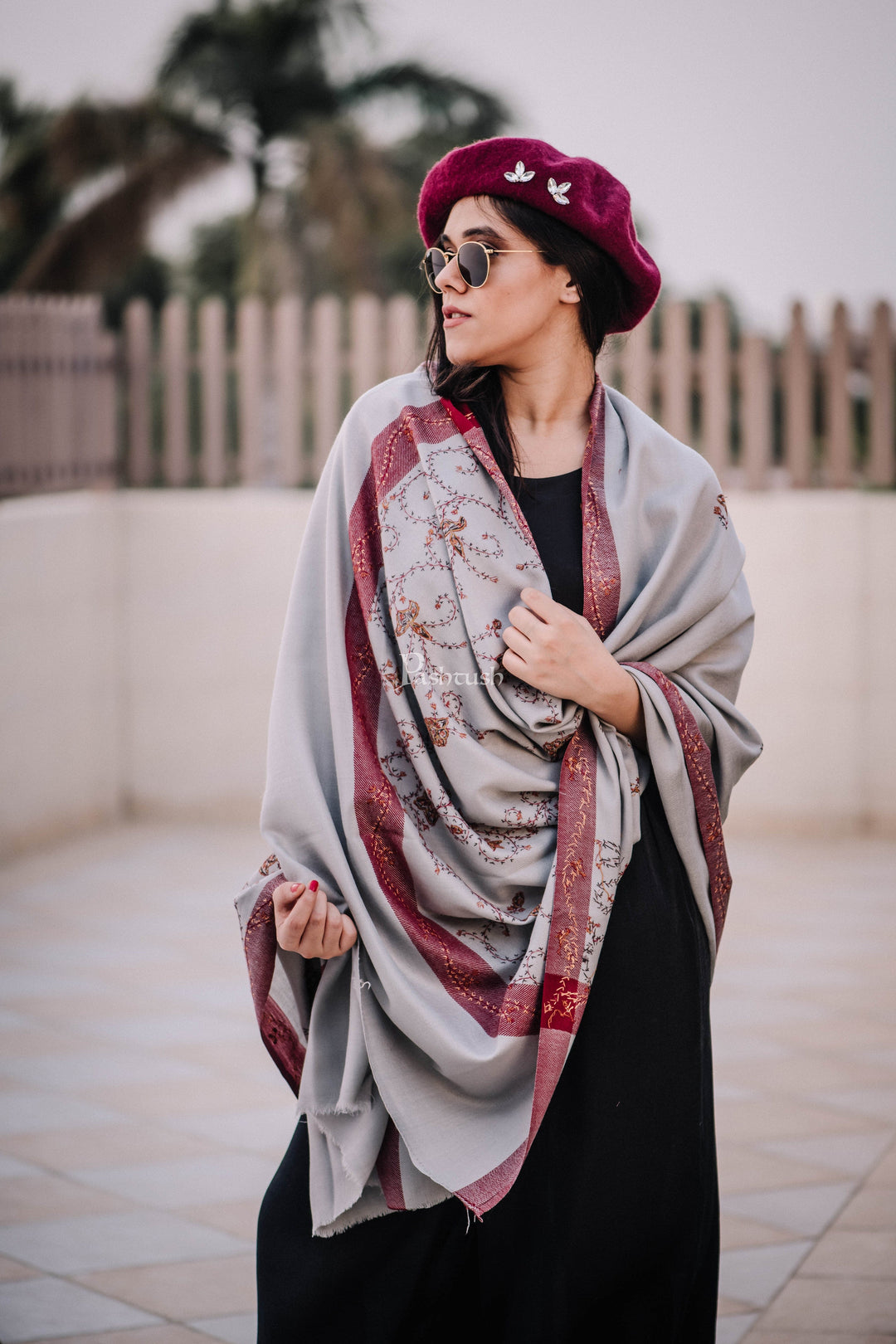 Pashtush India Womens Shawls Pashtush Womens Wool Shawl With 100% Hand Embroidery, Large Wrap Shawl