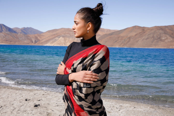 Pashtush India Womens Stoles and Scarves Scarf Pashtush Womens Wool Silk Stole, Honey-Comb Weave Design, Maroon And Black