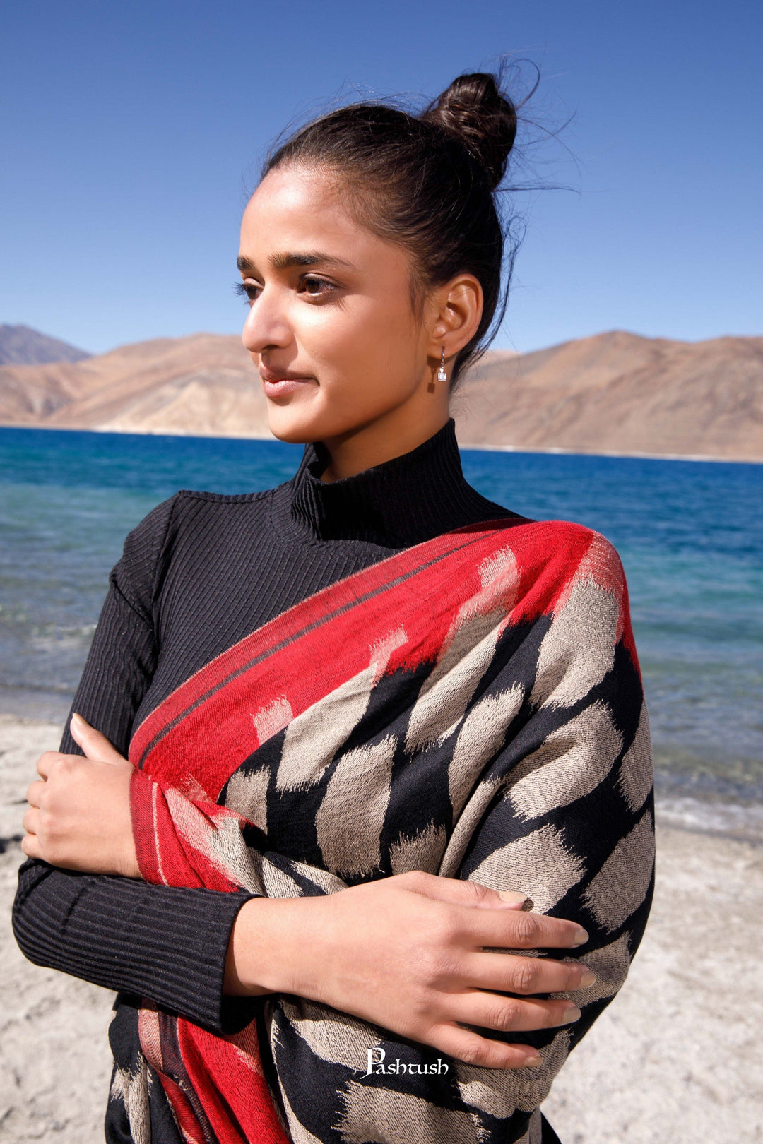 Pashtush India Womens Stoles and Scarves Scarf Pashtush Womens Wool Silk Stole, Honey-Comb Weave Design, Maroon And Black