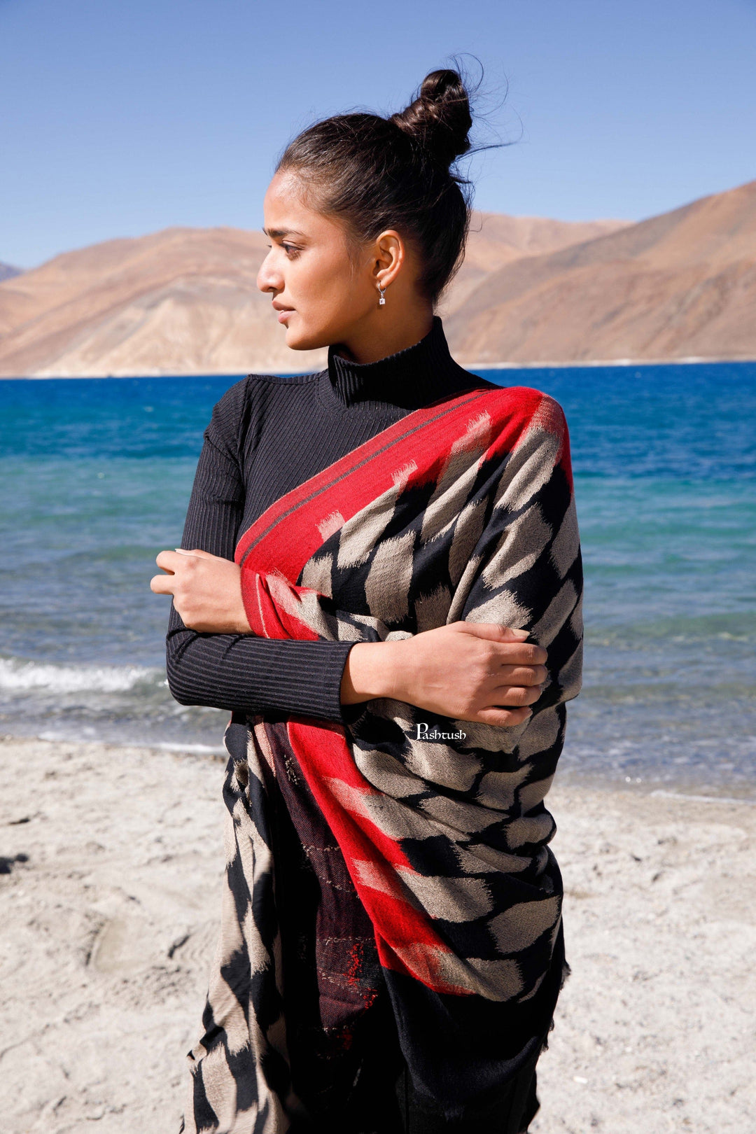 Pashtush India Womens Stoles and Scarves Scarf Pashtush Womens Wool Silk Stole, Honey-Comb Weave Design, Maroon And Black