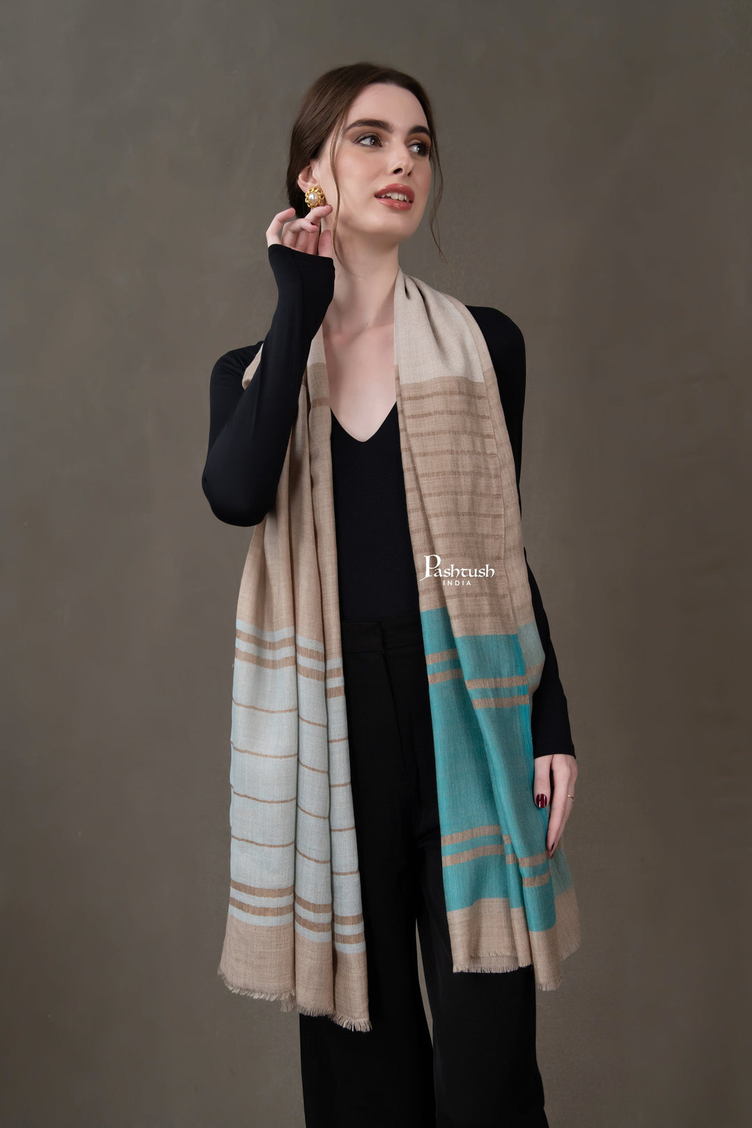 Pashtush India Womens Stoles and Scarves Scarf Pashtush Womens Wool Silk Stole, Twilight Collection, Beige And Aqua Blue