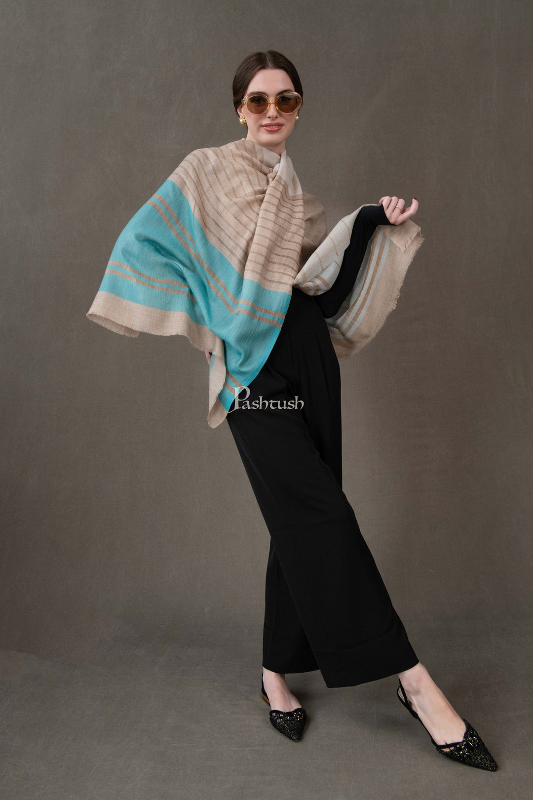 Pashtush India Womens Stoles and Scarves Scarf Pashtush Womens Wool Silk Stole, Twilight Collection, Beige And Blue