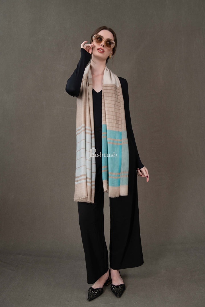 Pashtush India Womens Stoles and Scarves Scarf Pashtush Womens Wool Silk Stole, Twilight Collection, Beige And Blue
