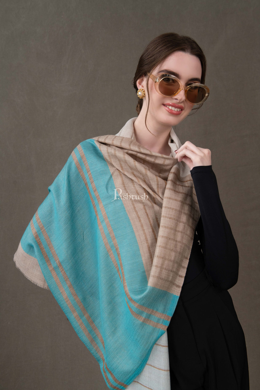 Pashtush India Womens Stoles and Scarves Scarf Pashtush Womens Wool Silk Stole, Twilight Collection, Beige And Blue