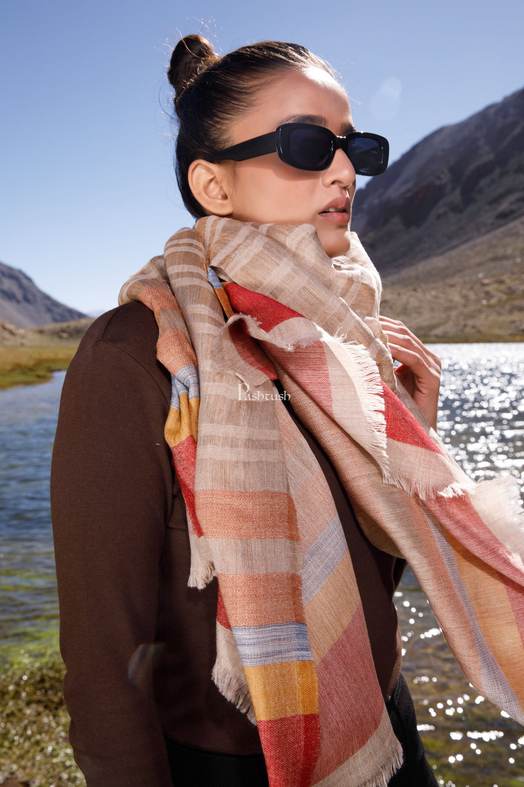 Pashtush India Womens Stoles and Scarves Scarf Pashtush Womens Wool Silk Stole, Twilight Collection, Soft Woven Stripes Design, Earthy Tan