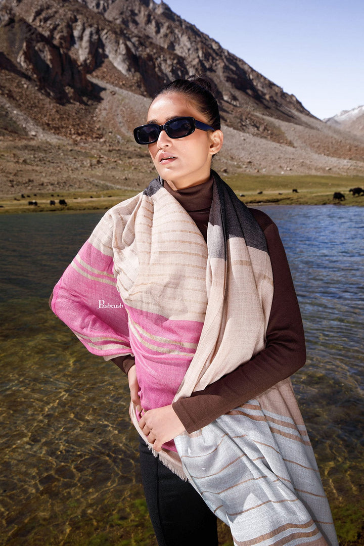 Pashtush India Womens Stoles and Scarves Scarf Pashtush Womens Wool Silk Stole, Twilight Collection, Soft Woven Stripes, Flamingo