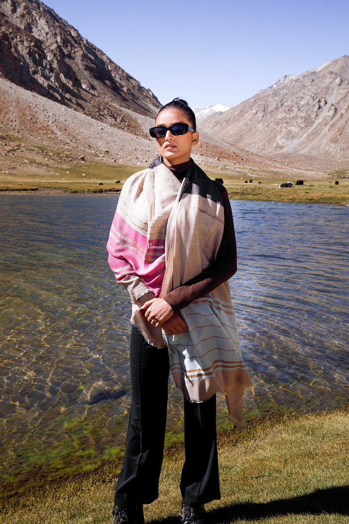 Pashtush India Womens Stoles and Scarves Scarf Pashtush Womens Wool Silk Stole, Twilight Collection, Soft Woven Stripes, Flamingo