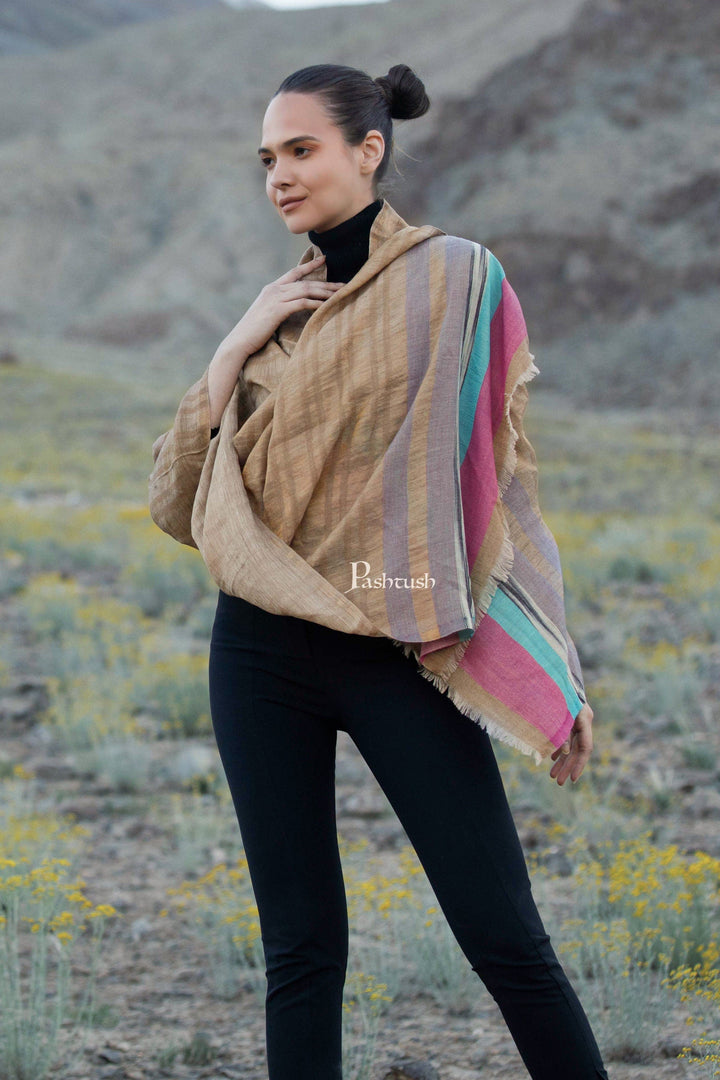 Pashtush India Womens Stoles and Scarves Scarf Pashtush Womens Wool Silk Stole, Twilight Collection, Soft Woven Stripes, Golden