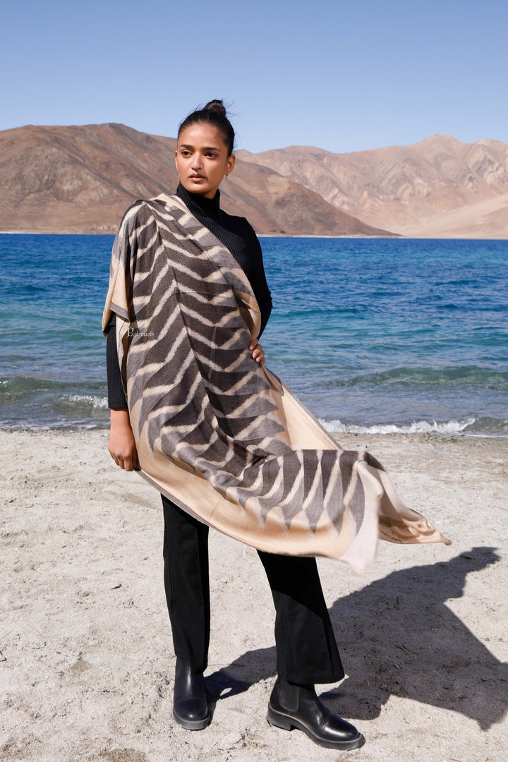 Pashtush India Womens Stoles and Scarves Scarf Pashtush Womens Wool Silk Stole, Woven Striped Melange Design, Beige And Black