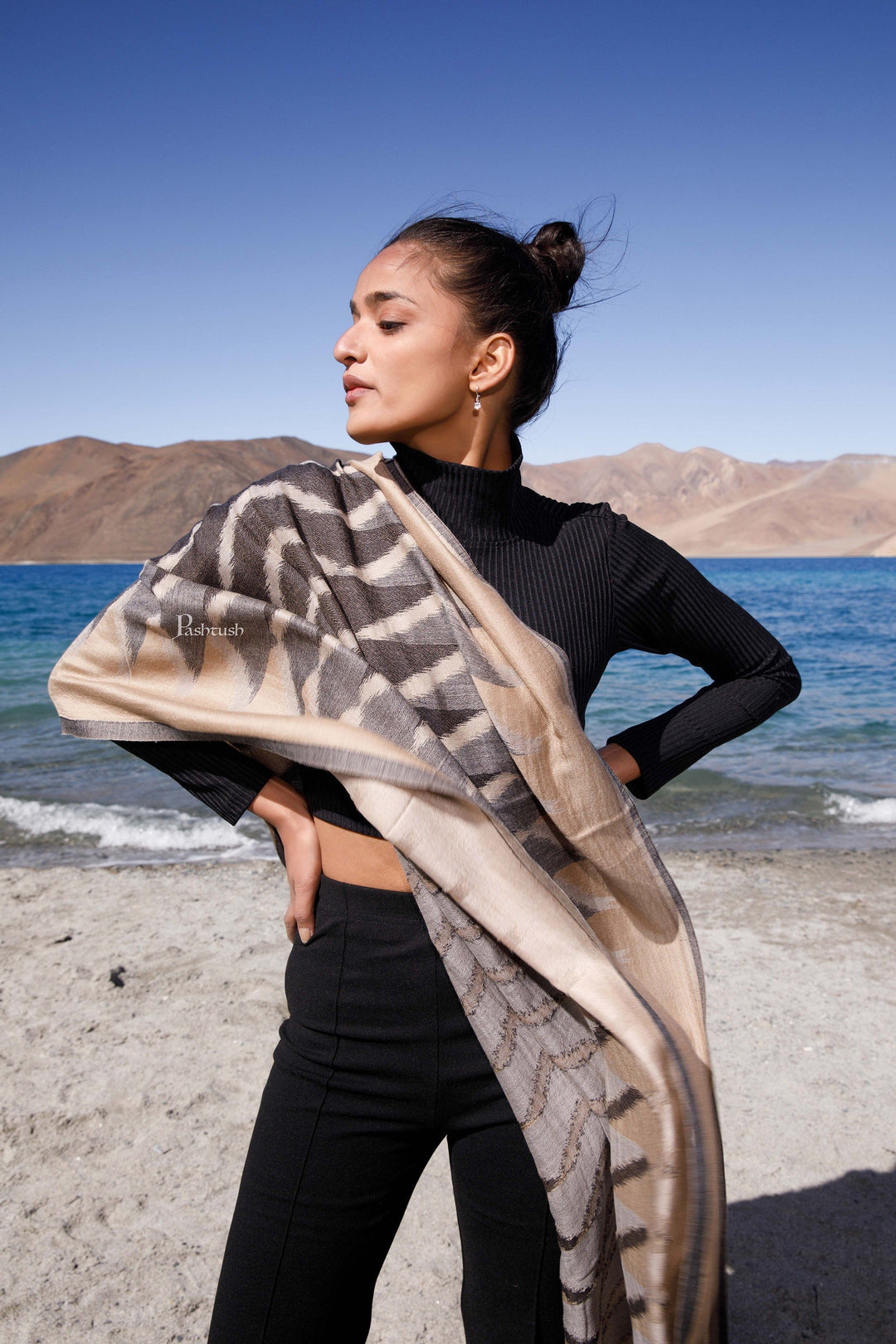 Pashtush India Womens Stoles and Scarves Scarf Pashtush Womens Wool Silk Stole, Woven Striped Melange Design, Beige And Black