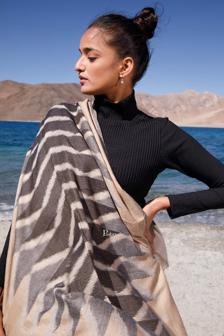 Pashtush India Womens Stoles and Scarves Scarf Pashtush Womens Wool Silk Stole, Woven Striped Melange Design, Beige And Black