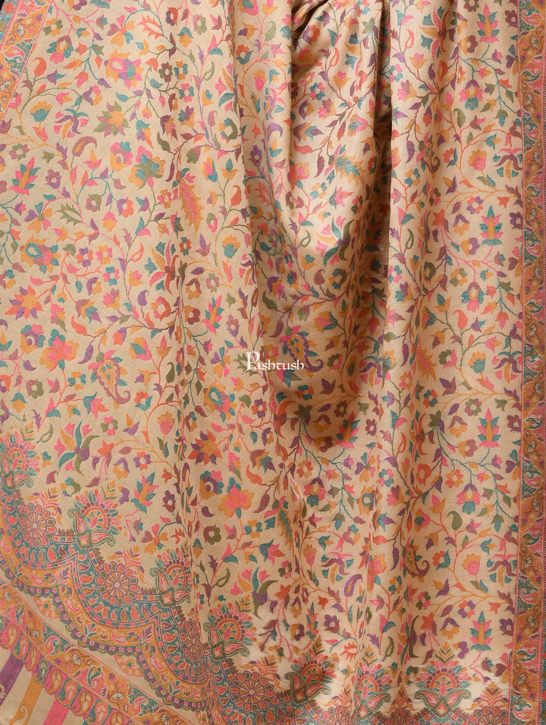 Pashwool Womens Shawls Pashtush Womens Woollen Ethnic Design Shawl, Soft And Warm, Light Weight Beige
