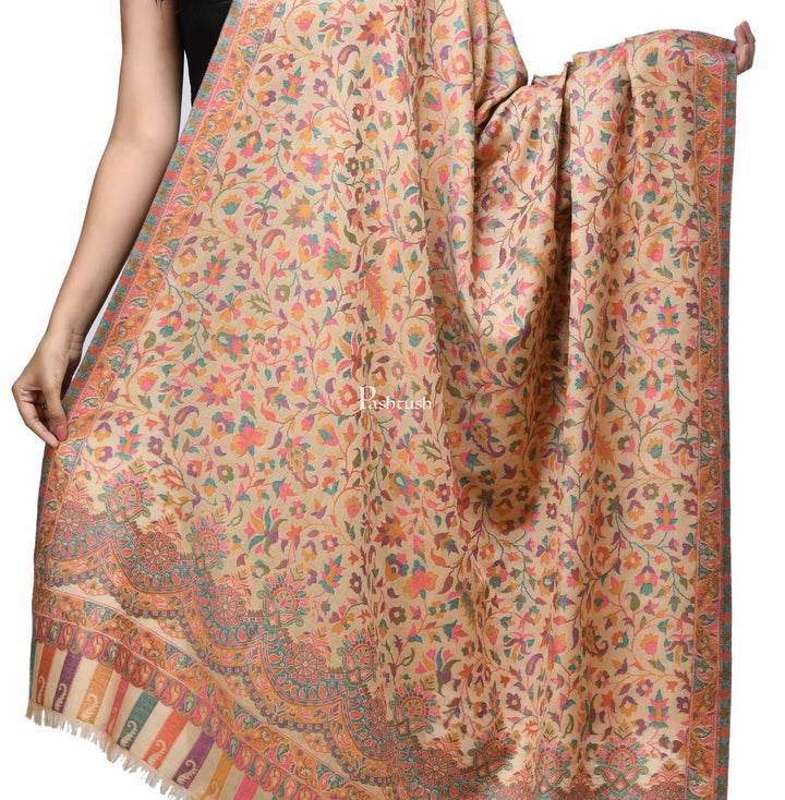 Pashwool Womens Shawls Pashtush Womens Woollen Ethnic Design Shawl, Soft And Warm, Light Weight Beige