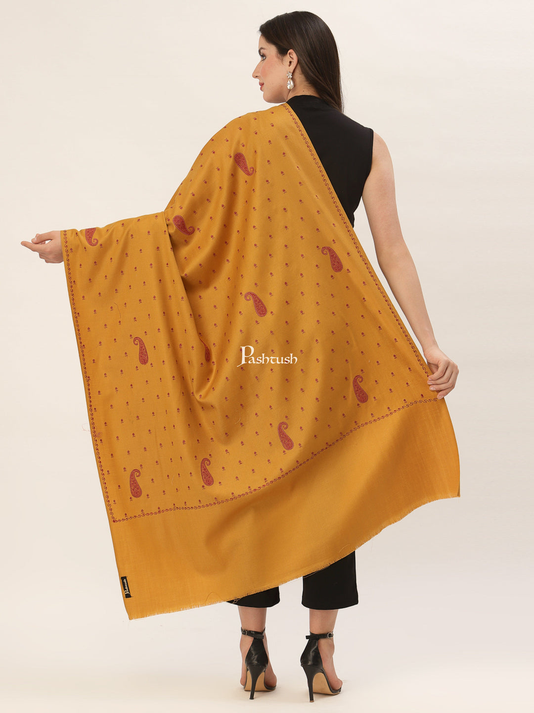 Pashtush India Womens Shawls Pashtush Womens Woollen Kashmiri Embroidery Shawl, Mustard