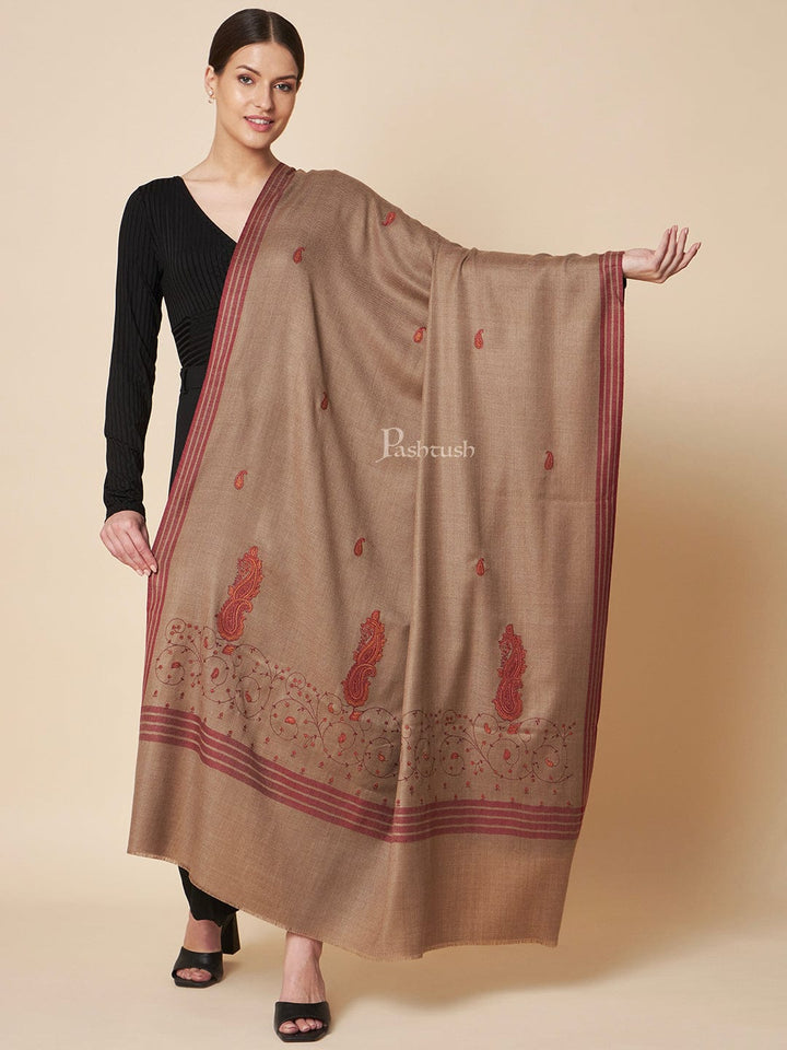 Pashtush India Womens Shawls Pashtush Womens Woollen Shawl, Kashmiri Embroidery Design Design, Taupe