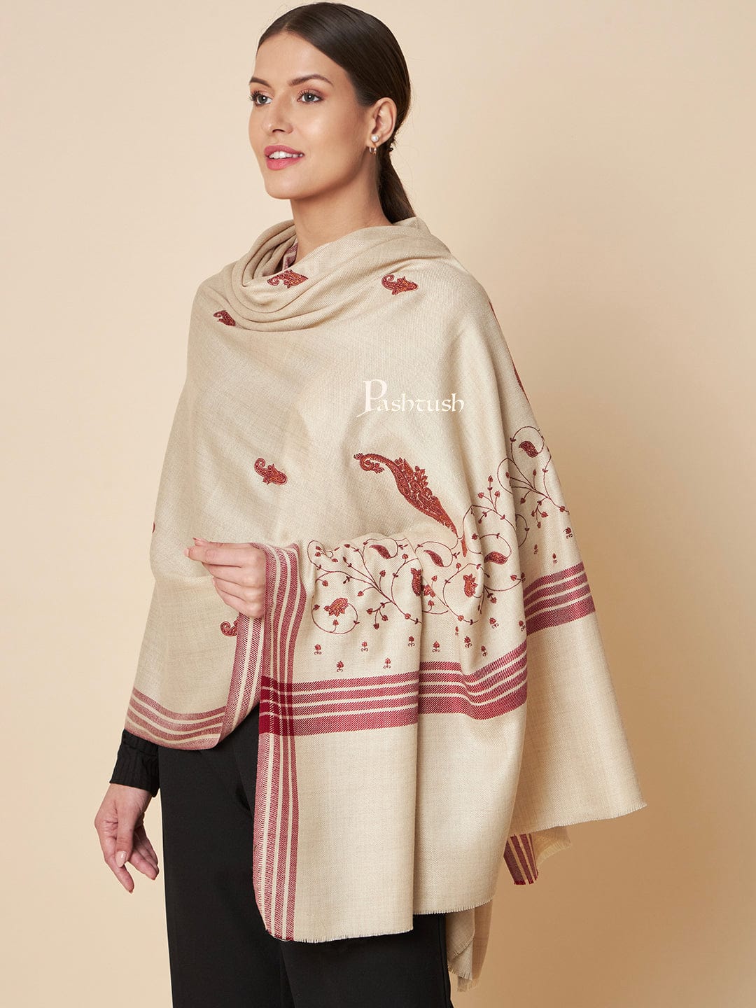 Pashtush India Womens Shawls Pashtush Womens Woollen Shawl, Kashmiri Embroidery Design Design, Taupe