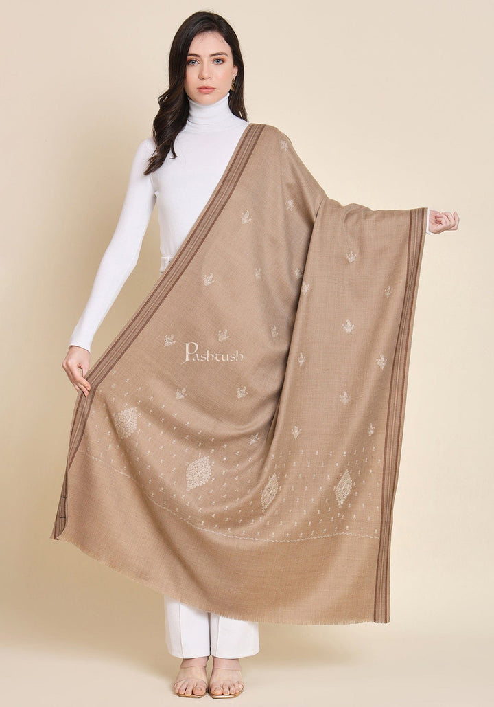 Pashtush India Womens Shawls Pashtush Womens Woollen Shawl, Kashmiri Palla Embroidery Design, Taupe