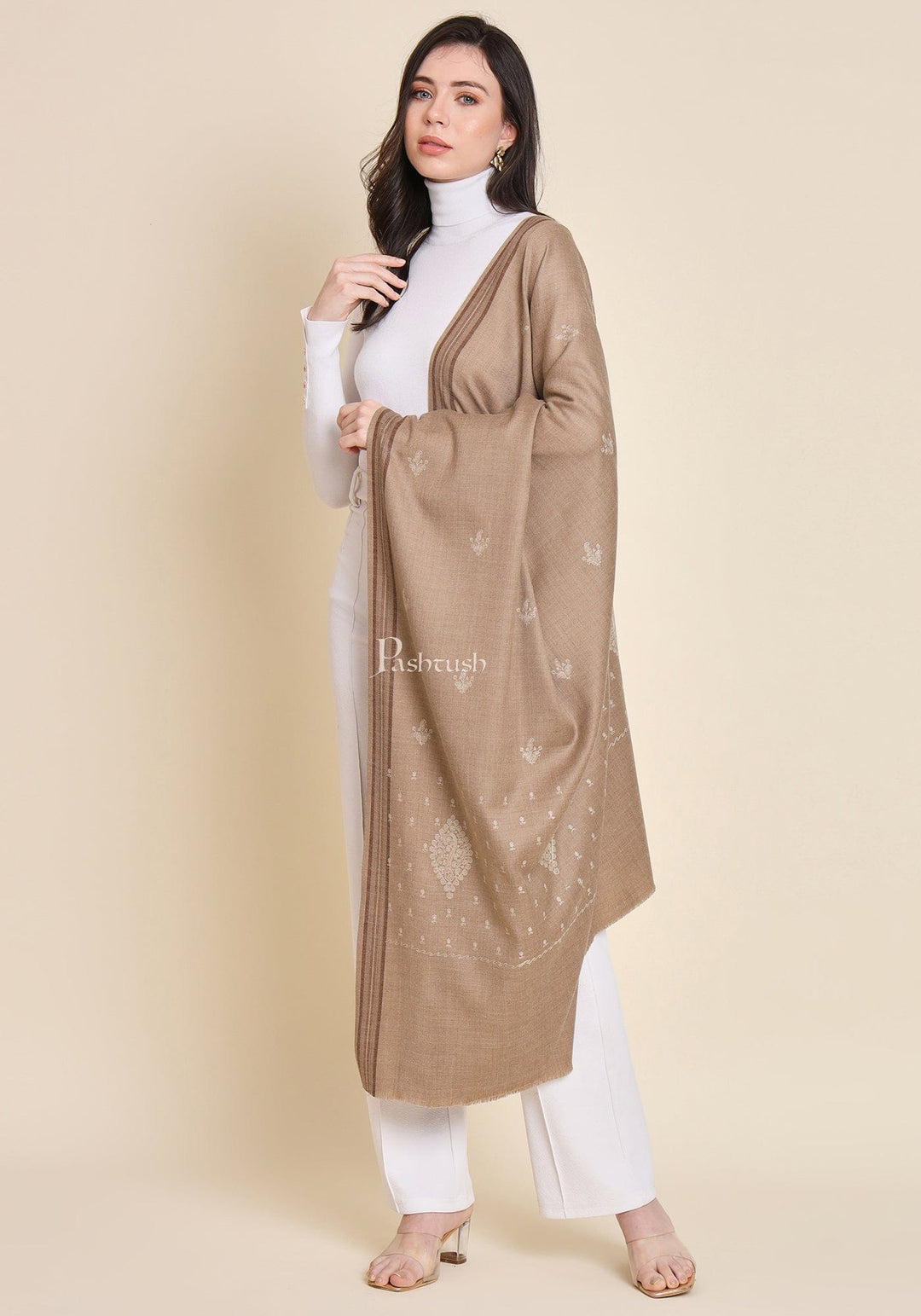 Pashtush India Womens Shawls Pashtush Womens Woollen Shawl, Kashmiri Palla Embroidery Design, Taupe