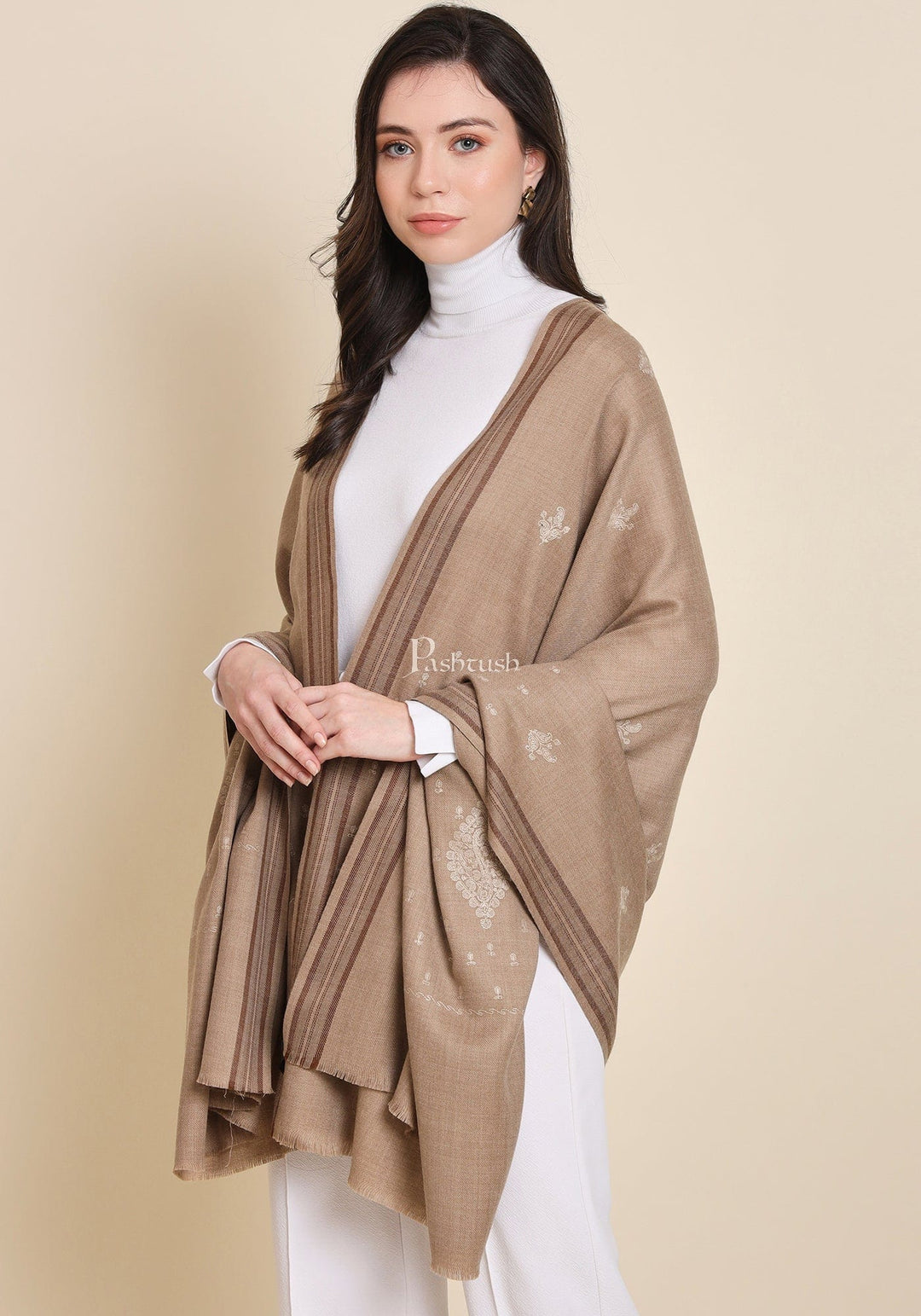 Pashtush India Womens Shawls Pashtush Womens Woollen Shawl, Kashmiri Palla Embroidery Design, Taupe