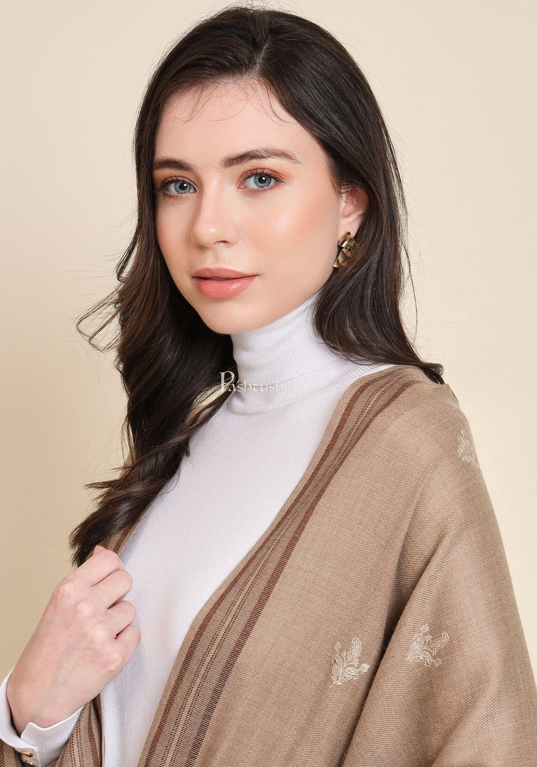 Pashtush India Womens Shawls Pashtush Womens Woollen Shawl, Kashmiri Palla Embroidery Design, Taupe