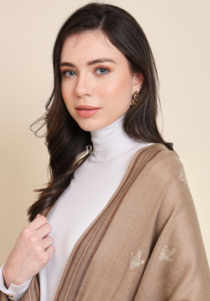 Pashtush India Womens Shawls Pashtush Womens Woollen Shawl, Kashmiri Palla Embroidery Design, Taupe