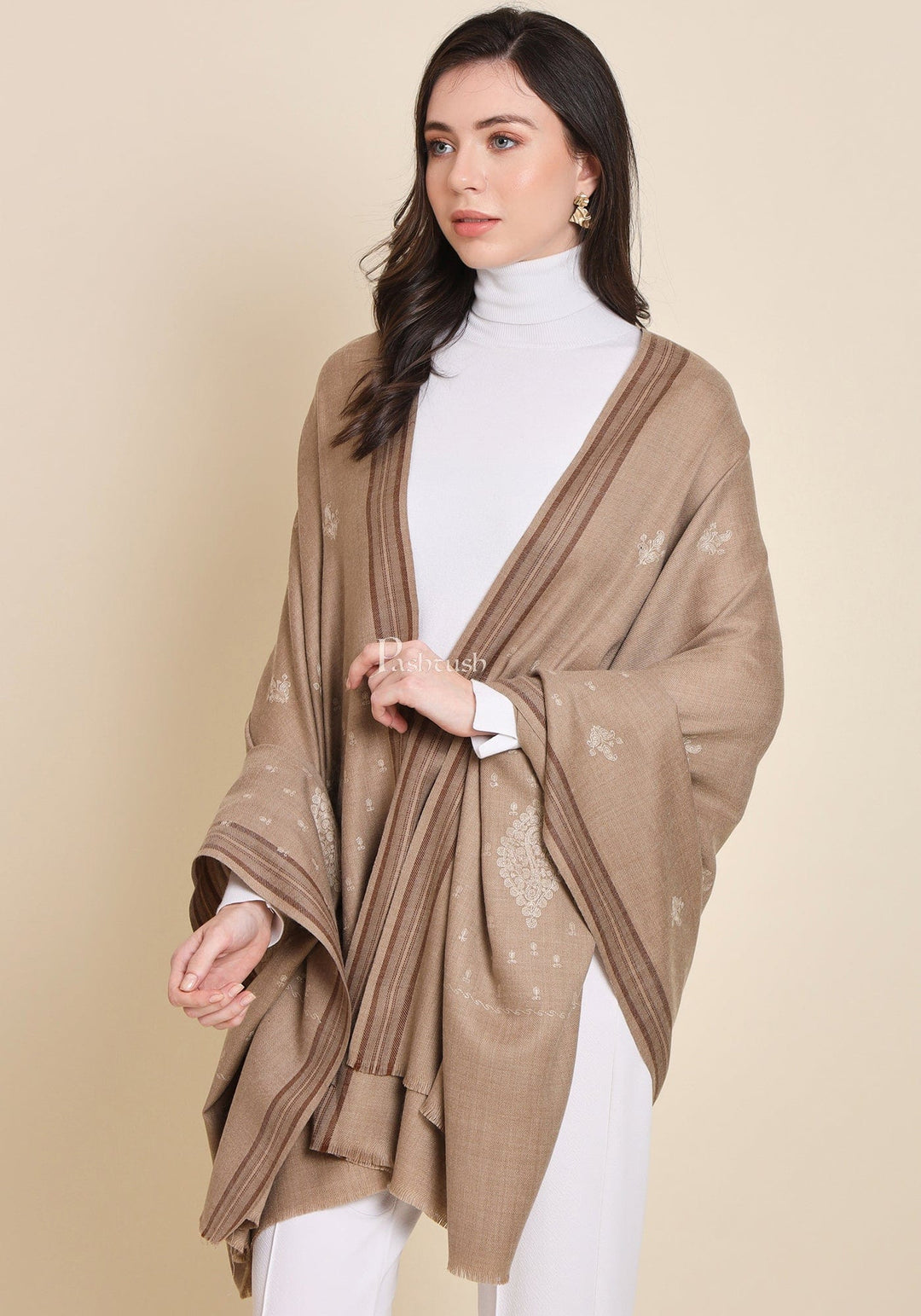 Pashtush India Womens Shawls Pashtush Womens Woollen Shawl, Kashmiri Palla Embroidery Design, Taupe