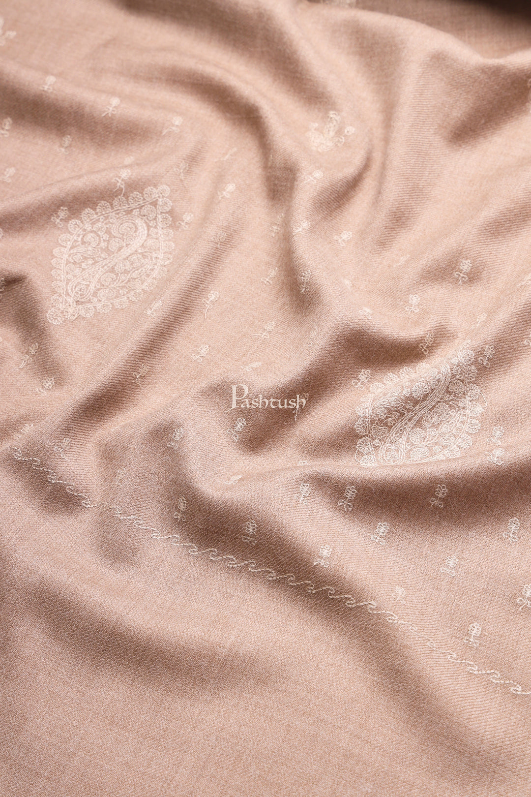 Pashtush India Womens Shawls Pashtush Womens Woollen Shawl, Kashmiri Palla Embroidery Design, Taupe