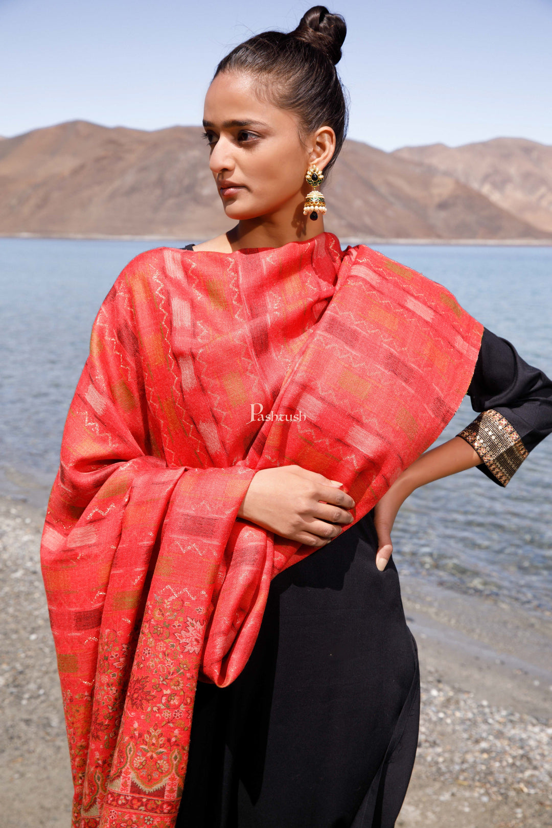 Pashtush India Womens Shawls Pashtush Womens Woollen Shawl, Striped, Woven Design, Red