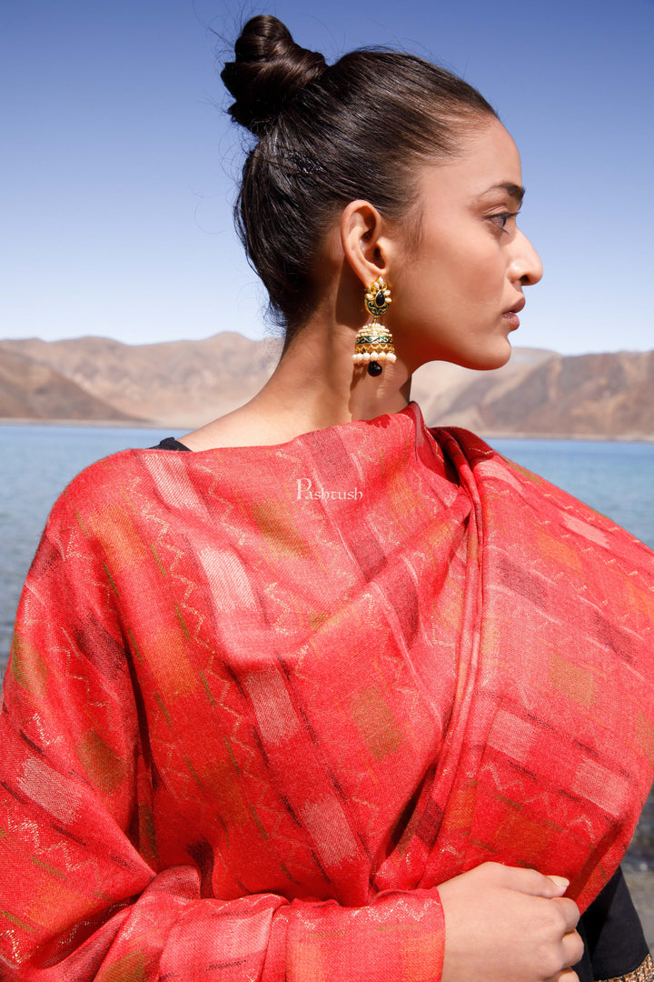 Pashtush India Womens Shawls Pashtush Womens Woollen Shawl, Striped, Woven Design, Red