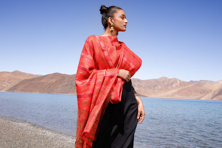 Pashtush India Womens Shawls Pashtush Womens Woollen Shawl, Striped, Woven Design, Red