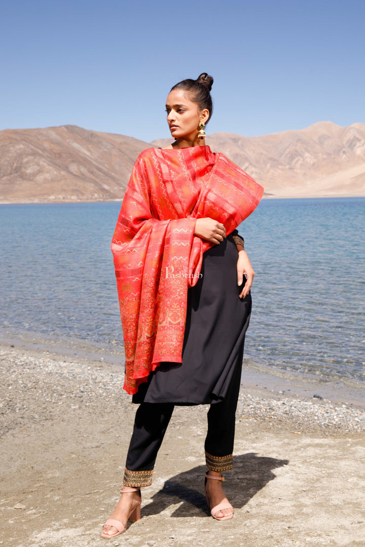 Pashtush India Womens Shawls Pashtush Womens Woollen Shawl, Striped, Woven Design, Red
