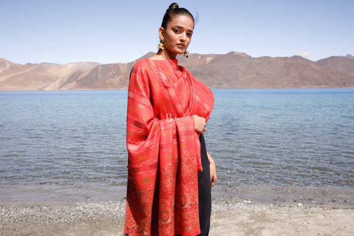 Pashtush India Womens Shawls Pashtush Womens Woollen Shawl, Striped, Woven Design, Red