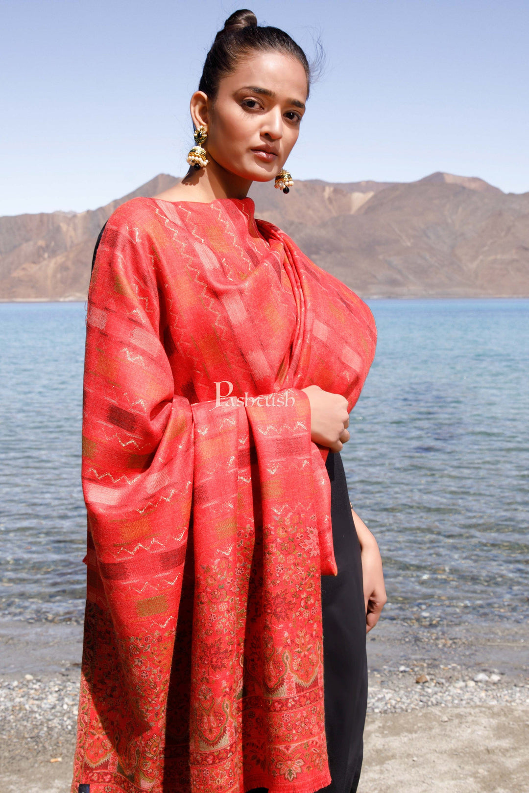 Pashtush India Womens Shawls Pashtush Womens Woollen Shawl, Striped, Woven Design, Red