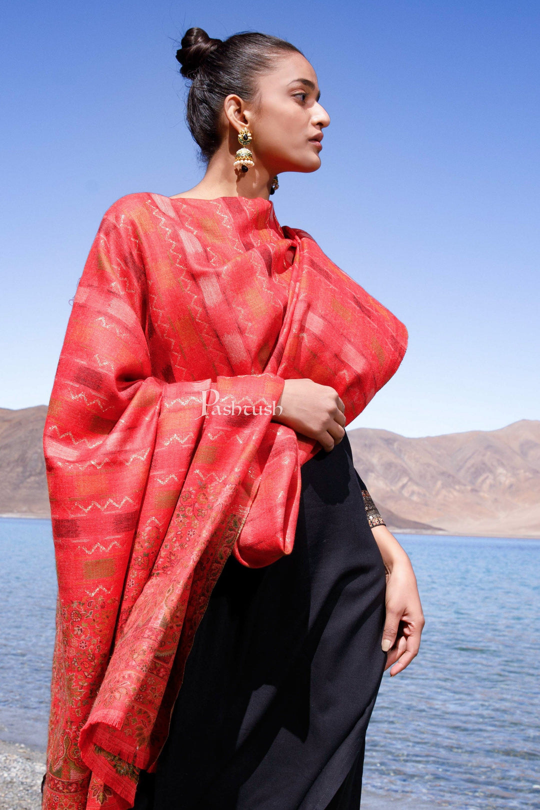 Pashtush India Womens Shawls Pashtush Womens Woollen Shawl, Striped, Woven Design, Red