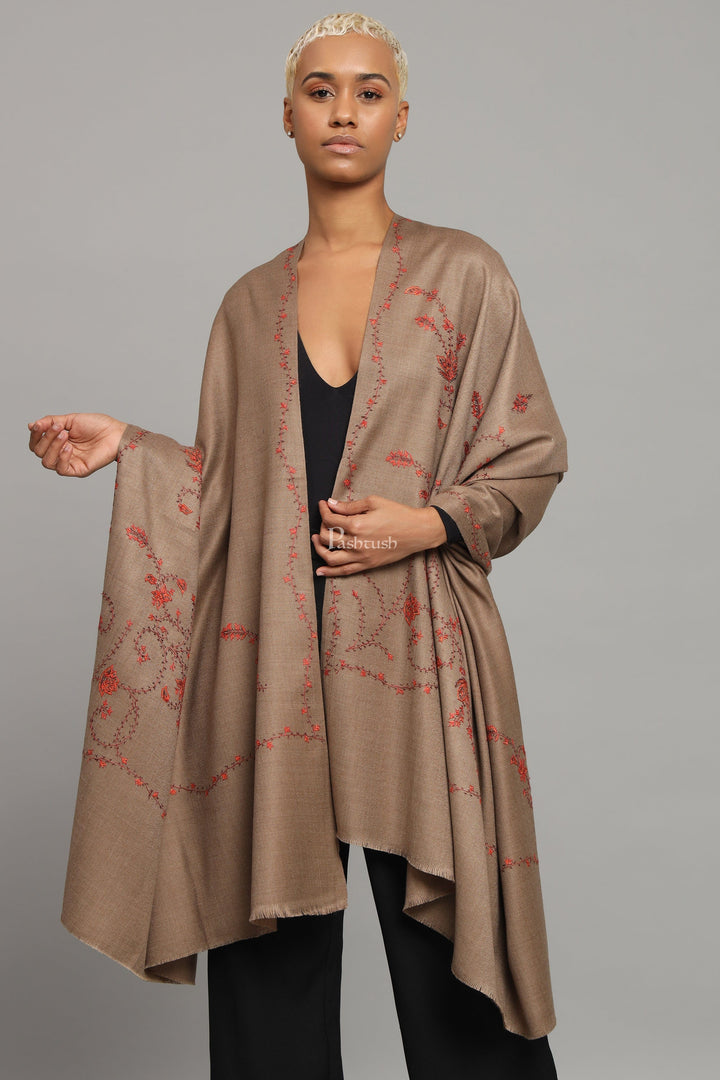 Pashtush India Womens Shawls Pashtush Womens Woollen Shawl, Thick And Warm, Kashmiri Hand Embroidery, Design, Taupe
