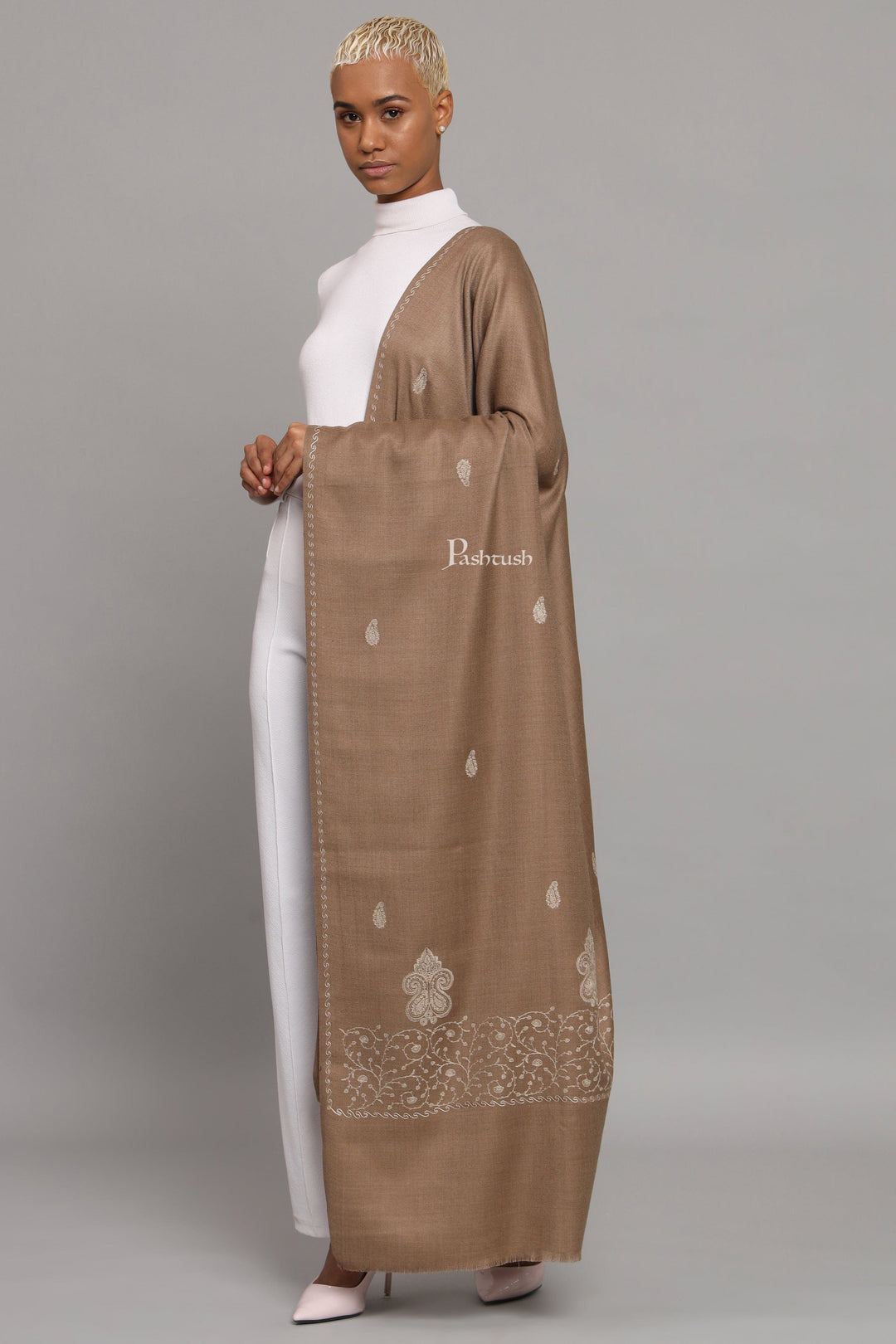Pashtush India Womens Shawls Pashtush Womens Woollen Shawl, Thick And Warm, Tone And Tone Palla Embroidery  Design, Taupe