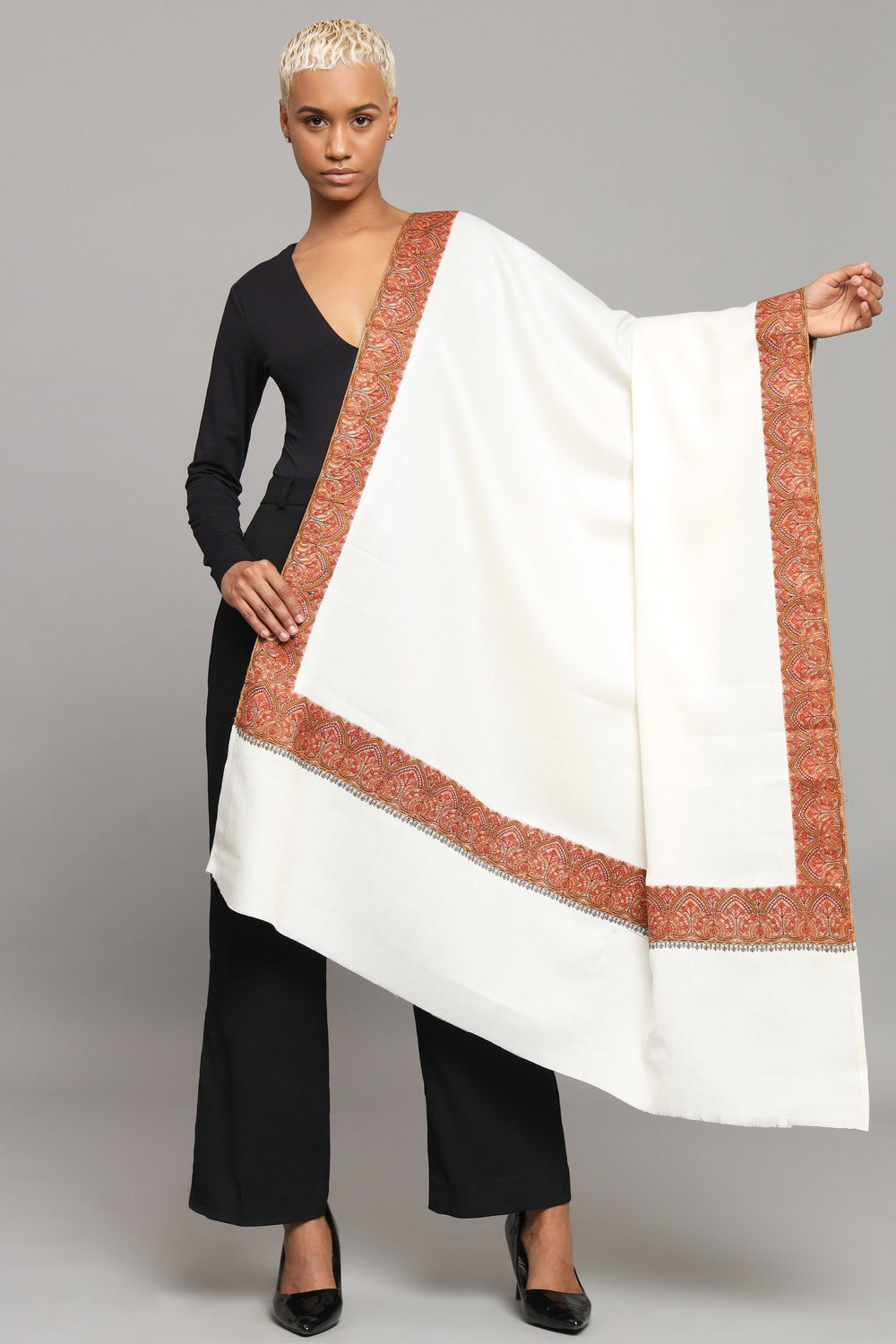 Pashtush India Womens Shawls Pashtush Womens Woollen Shawl, Thick Woollen, Kashmiri Embroidery Design, Ivory